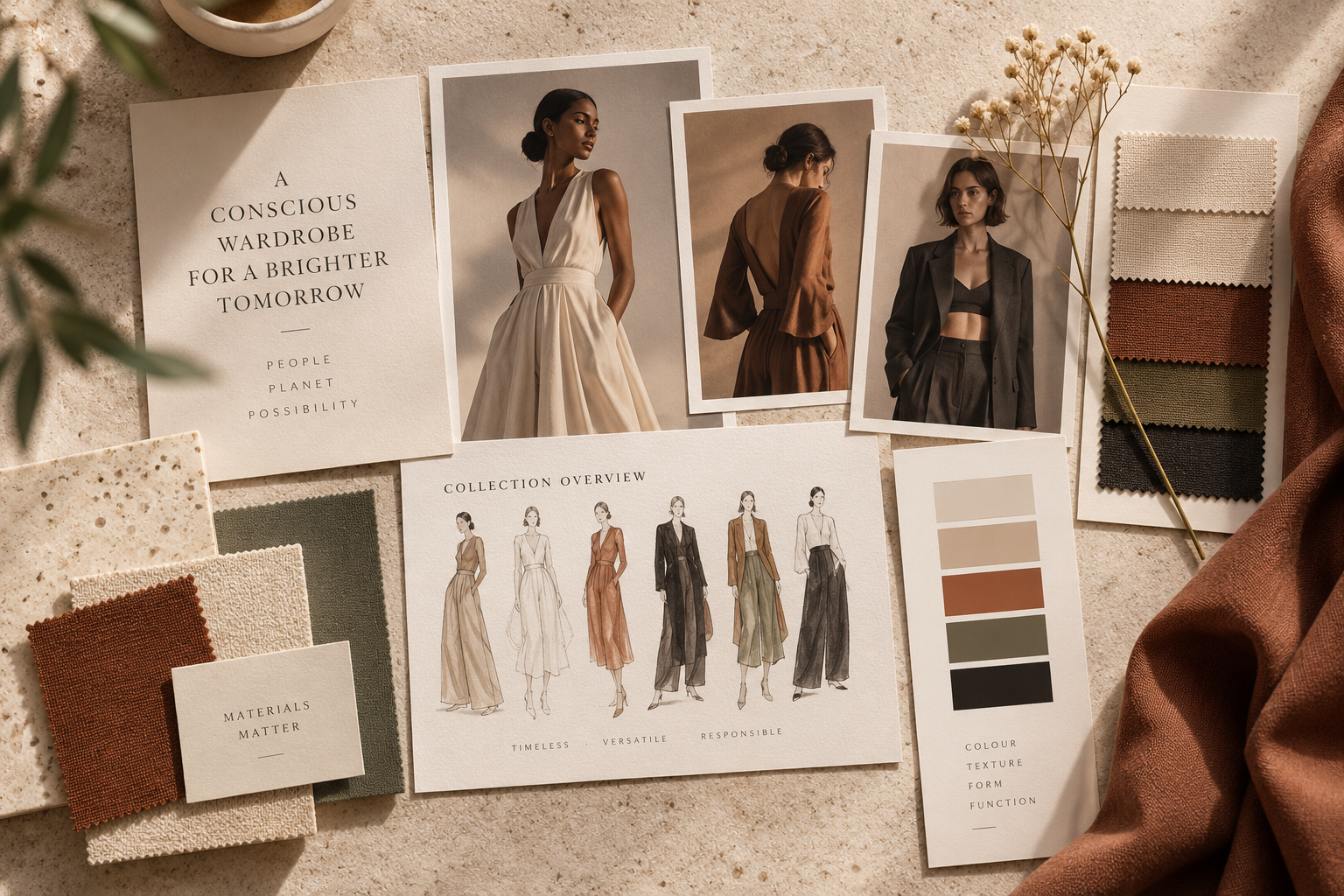 Fashion collection moodboard, silhouettes, swatches, and range direction.