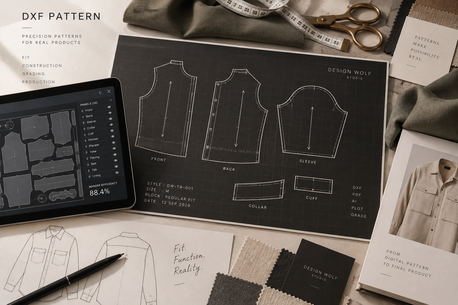 CAD pattern engineering with garment pattern pieces, grainlines, and notches.