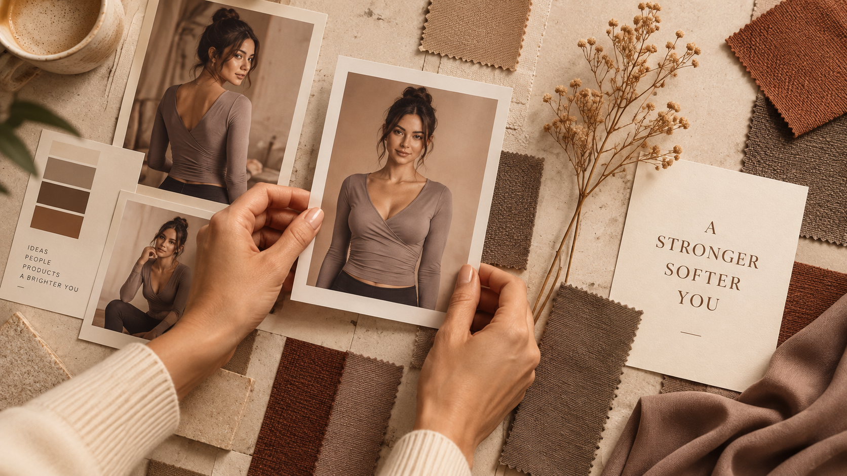 A mood board on a stone table: hands hold a portrait print of a model in a taupe wrap top, surrounded by clay and brown fabric swatches, a colour palette card and dried flowers.