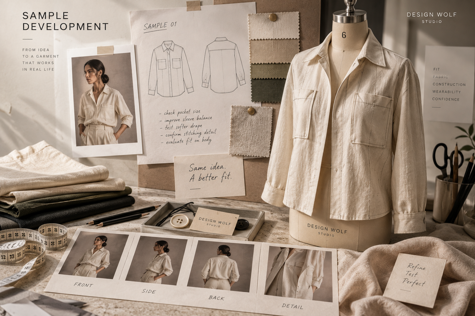 Physical prototype on dress form with fit and development context.