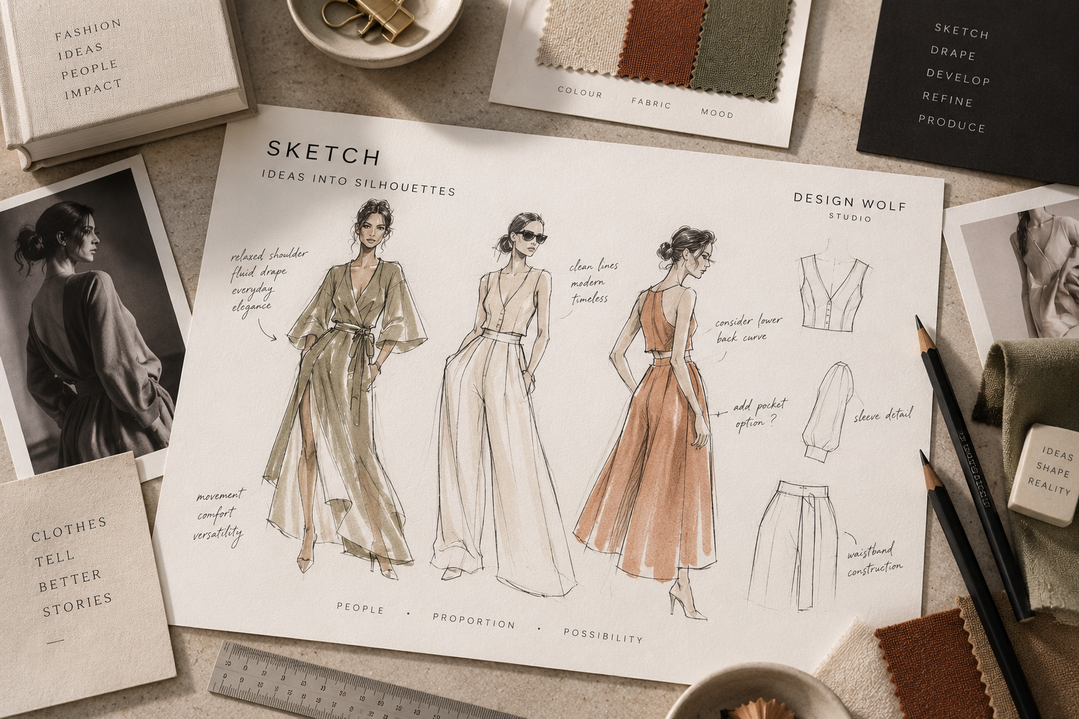Fashion croquis and concept design illustration development.