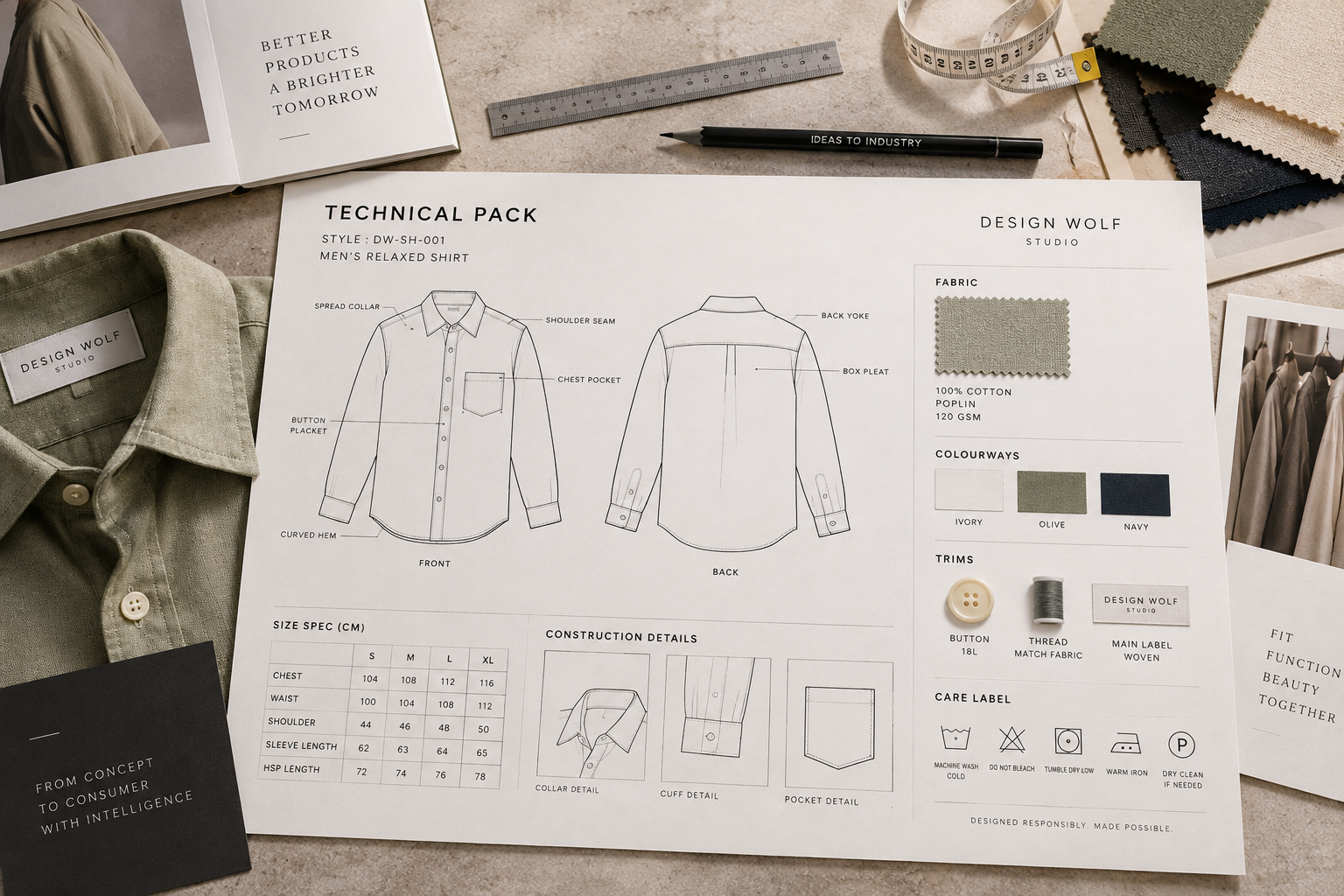 Technical specification sheet with garment flats and construction callouts.