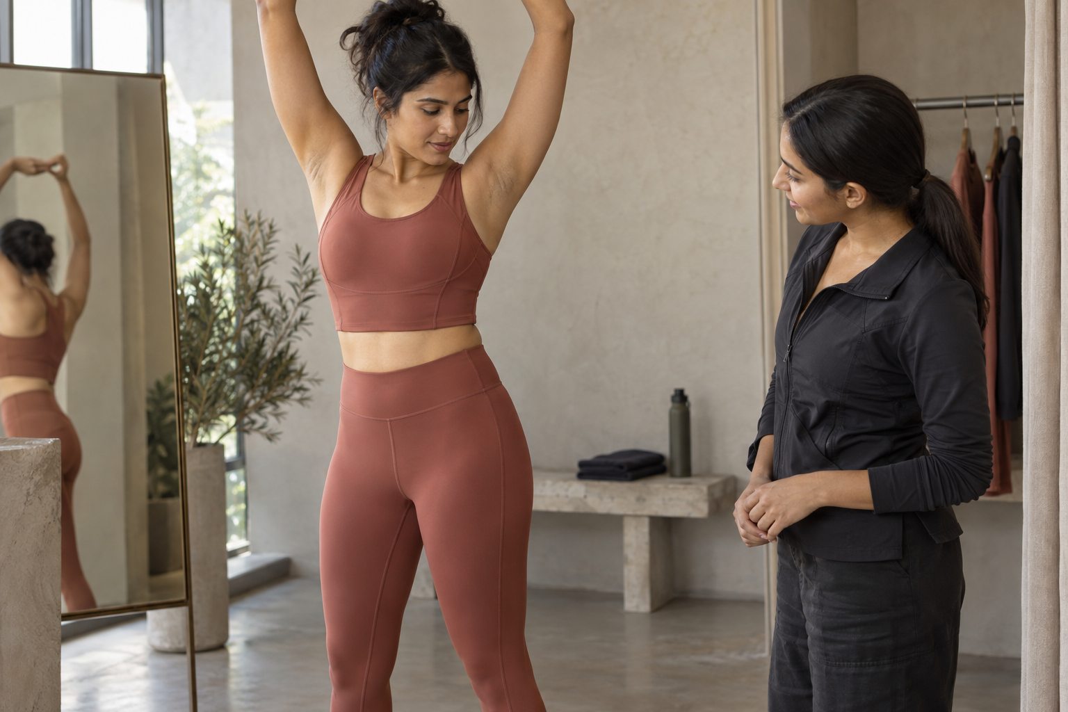 A woman reaches both arms overhead in a terracotta set