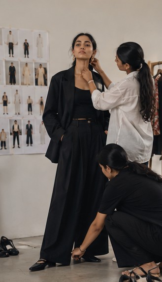 A woman in a black trouser suit stands tall while two stylists make final adjustments