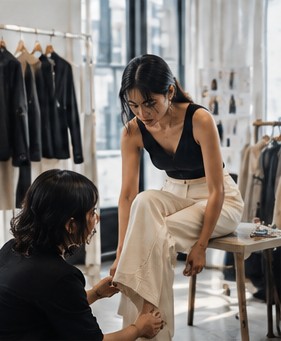 A seated woman in wide ivory trousers while a fitter checks the leg